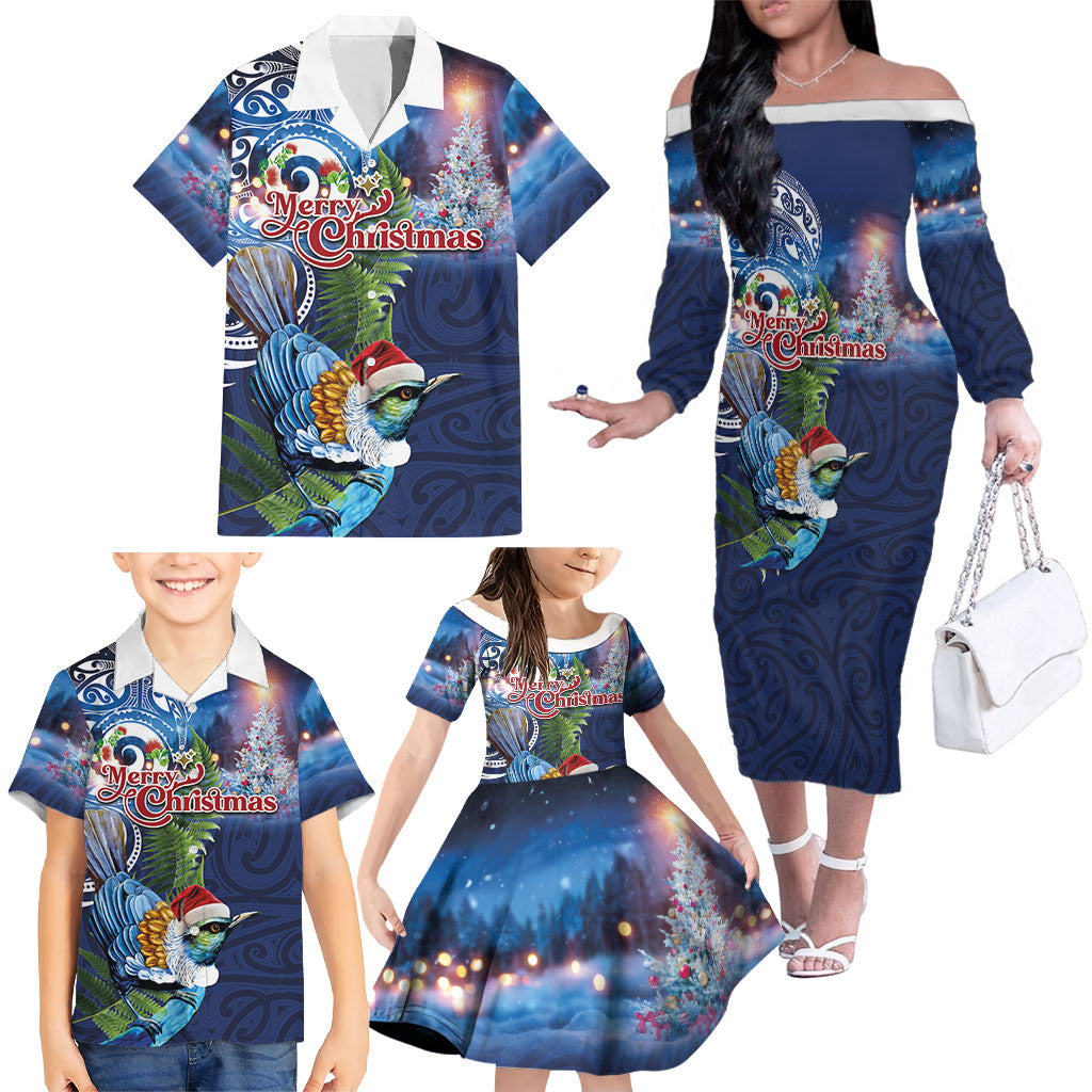 New Zealand Merry Christmas Family Matching Off The Shoulder Long Sleeve Dress and Hawaiian Shirt Maori Tribal Pattern with Xmas Tui Bird LT03 - Polynesian Pride
