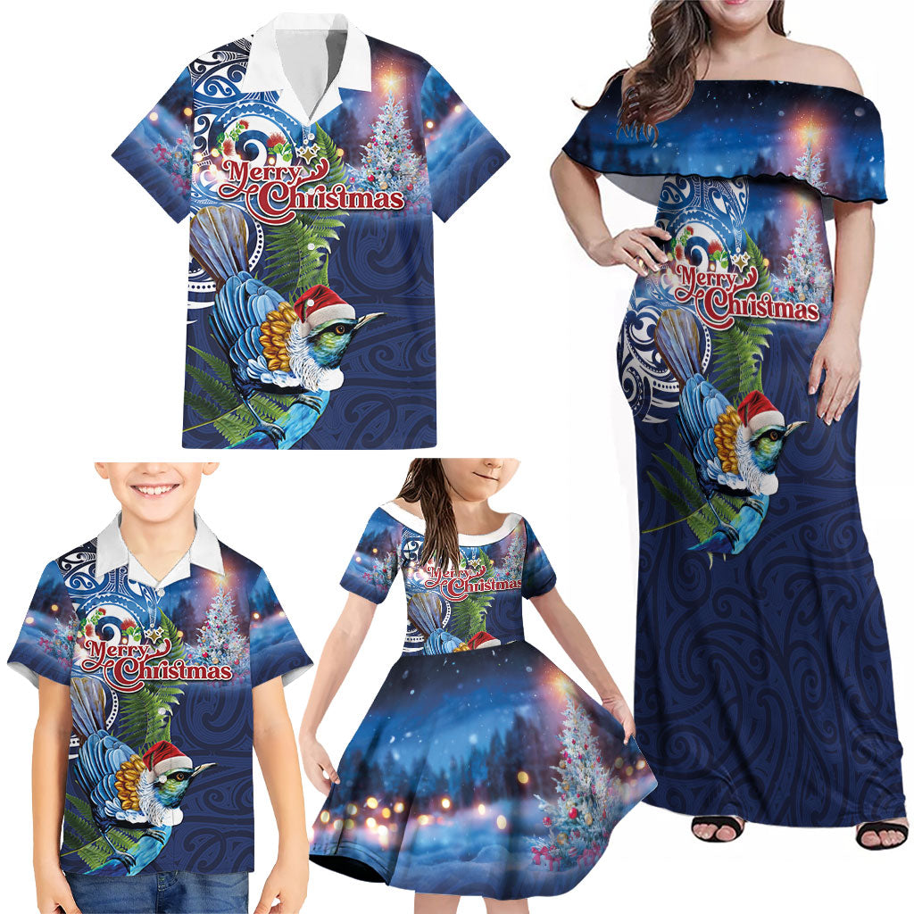 New Zealand Merry Christmas Family Matching Off Shoulder Maxi Dress and Hawaiian Shirt Maori Tribal Pattern with Xmas Tui Bird LT03 - Polynesian Pride