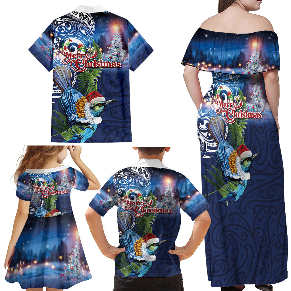 New Zealand Merry Christmas Family Matching Off Shoulder Maxi Dress and Hawaiian Shirt Maori Tribal Pattern with Xmas Tui Bird LT03 - Polynesian Pride