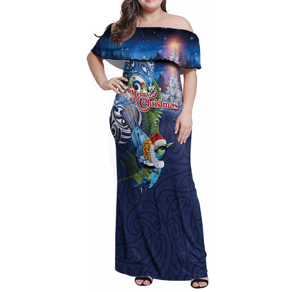 New Zealand Merry Christmas Family Matching Off Shoulder Maxi Dress and Hawaiian Shirt Maori Tribal Pattern with Xmas Tui Bird LT03 Mom's Dress Multicolor - Polynesian Pride