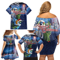 New Zealand Merry Christmas Family Matching Off Shoulder Short Dress and Hawaiian Shirt Maori Tribal Pattern with Xmas Tui Bird LT03 - Polynesian Pride