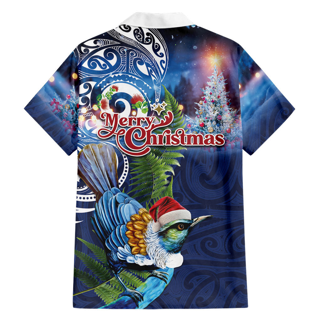 New Zealand Merry Christmas Family Matching Off Shoulder Short Dress and Hawaiian Shirt Maori Tribal Pattern with Xmas Tui Bird LT03 - Polynesian Pride