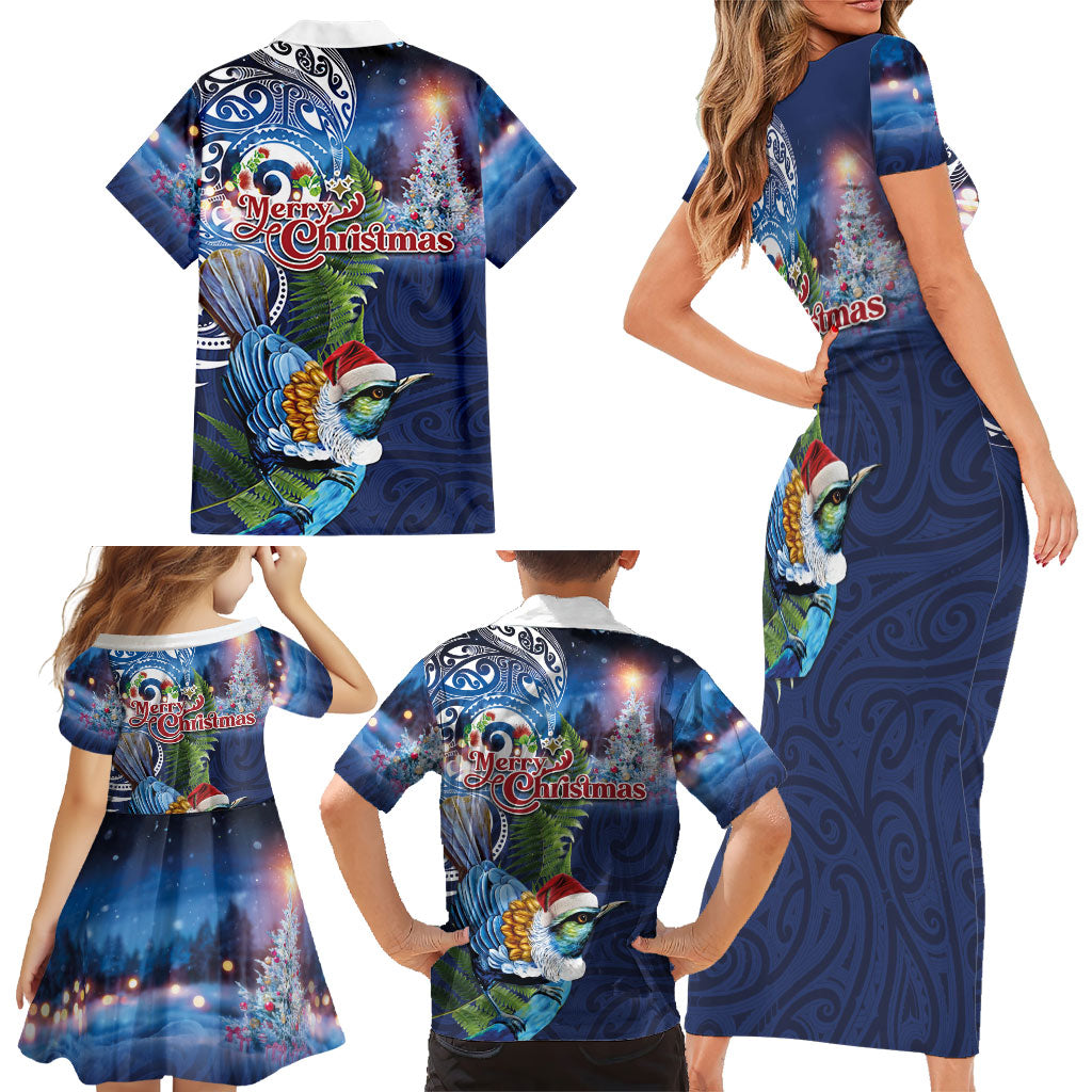 New Zealand Merry Christmas Family Matching Short Sleeve Bodycon Dress and Hawaiian Shirt Maori Tribal Pattern with Xmas Tui Bird LT03 - Polynesian Pride