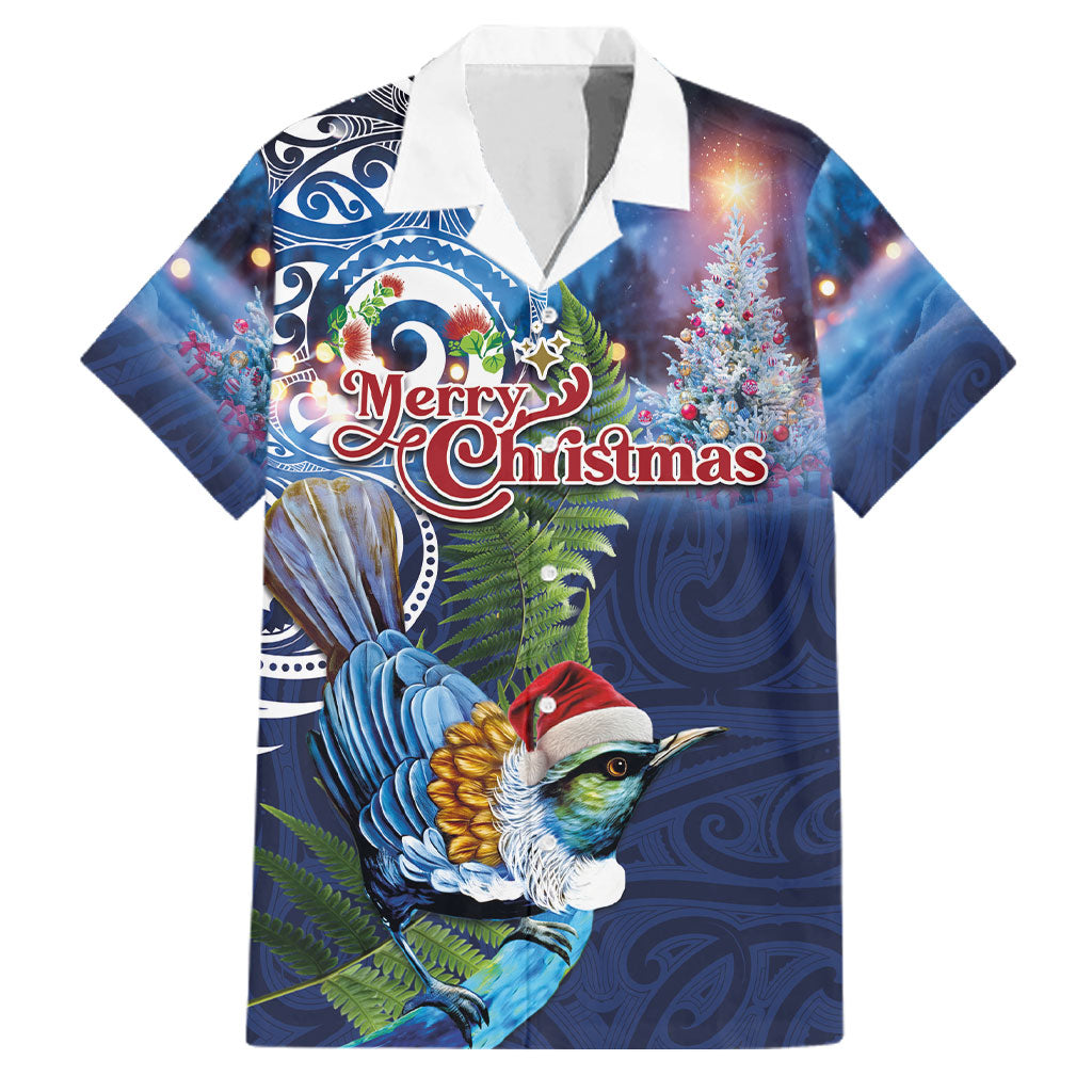 New Zealand Merry Christmas Family Matching Short Sleeve Bodycon Dress and Hawaiian Shirt Maori Tribal Pattern with Xmas Tui Bird LT03 Dad's Shirt - Short Sleeve Multicolor - Polynesian Pride