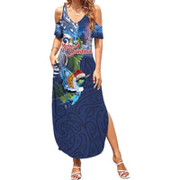 New Zealand Merry Christmas Family Matching Summer Maxi Dress and Hawaiian Shirt Maori Tribal Pattern with Xmas Tui Bird LT03 Mom's Dress Multicolor - Polynesian Pride