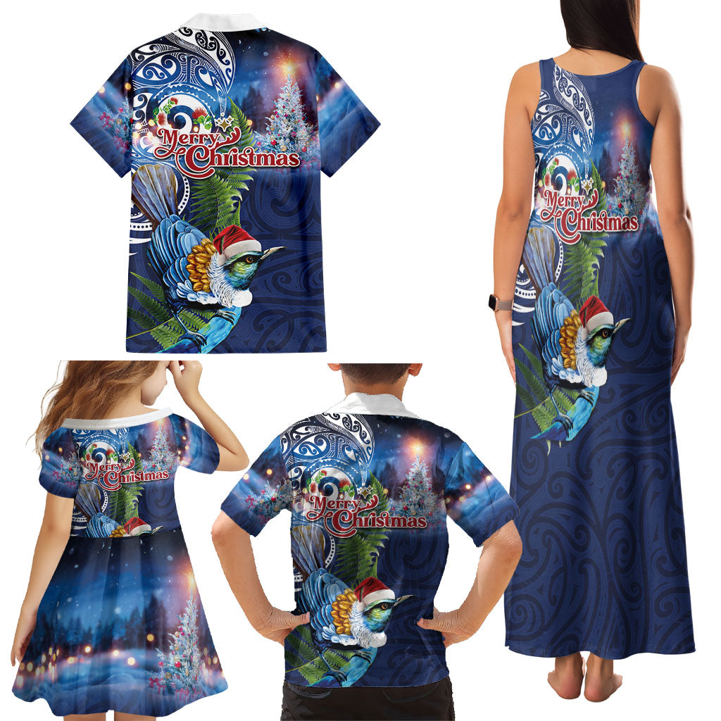 New Zealand Merry Christmas Family Matching Tank Maxi Dress and Hawaiian Shirt Maori Tribal Pattern with Xmas Tui Bird LT03 - Polynesian Pride