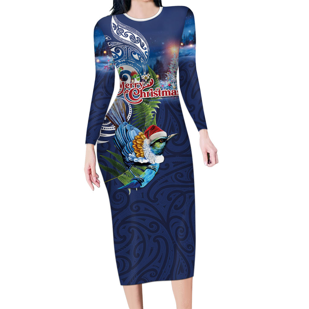 New Zealand Merry Christmas Long Sleeve Bodycon Dress Maori Tribal Pattern with Xmas Tui Bird LT03 Long Dress Multicolor - Polynesian Pride