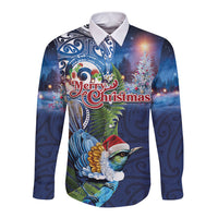 New Zealand Merry Christmas Long Sleeve Button Shirt Maori Tribal Pattern with Xmas Tui Bird