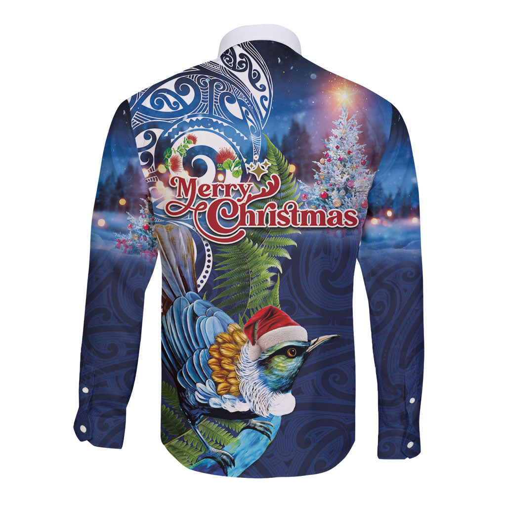 New Zealand Merry Christmas Long Sleeve Button Shirt Maori Tribal Pattern with Xmas Tui Bird
