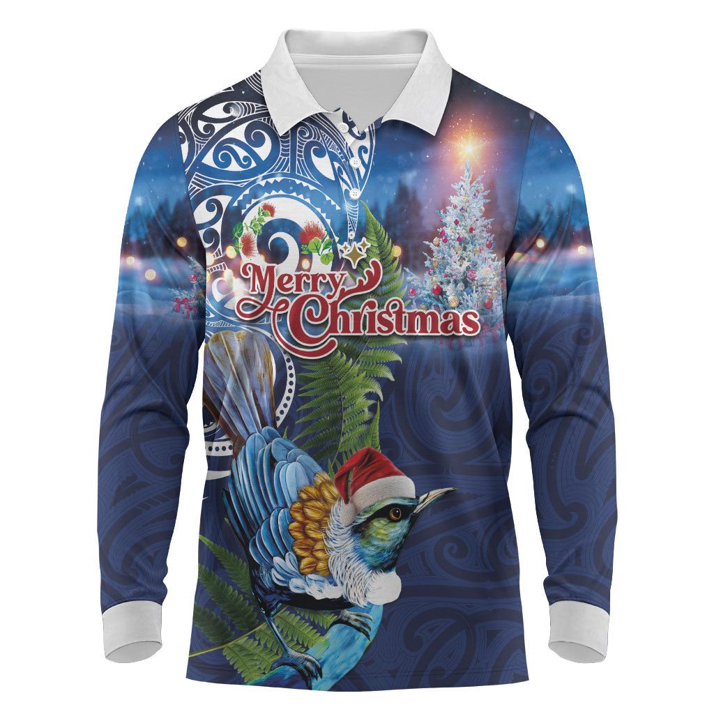 New Zealand Merry Christmas Long Sleeve Polo Shirt Maori Tribal Pattern with Xmas Tui Bird