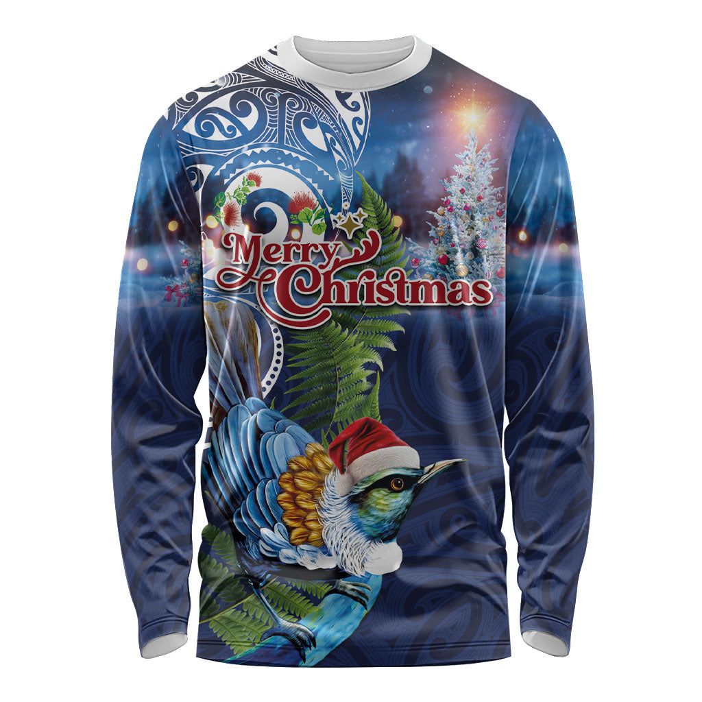 New Zealand Merry Christmas Long Sleeve Shirt Maori Tribal Pattern with Xmas Tui Bird