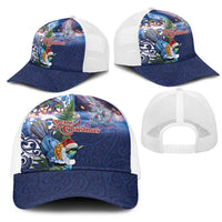 New Zealand Merry Christmas Mesh Trucker Cap Maori Tribal Pattern with Xmas Tui Bird