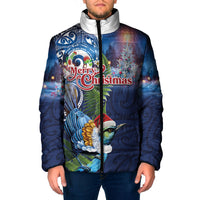 New Zealand Merry Christmas Padded Jacket Maori Tribal Pattern with Xmas Tui Bird