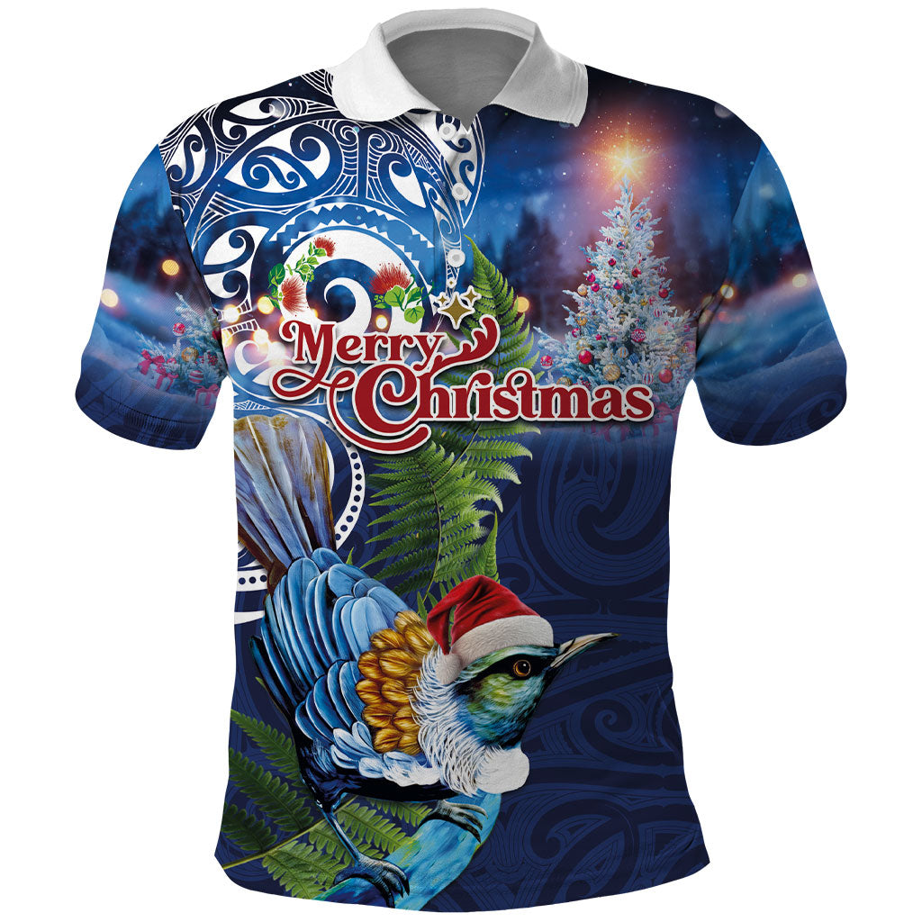 New Zealand Merry Christmas Polo Shirt Maori Tribal Pattern with Xmas Tui Bird