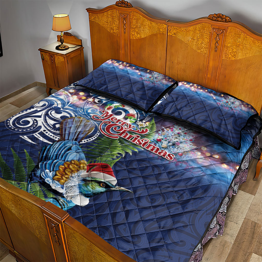 New Zealand Merry Christmas Quilt Bed Set Maori Tribal Pattern with Xmas Tui Bird