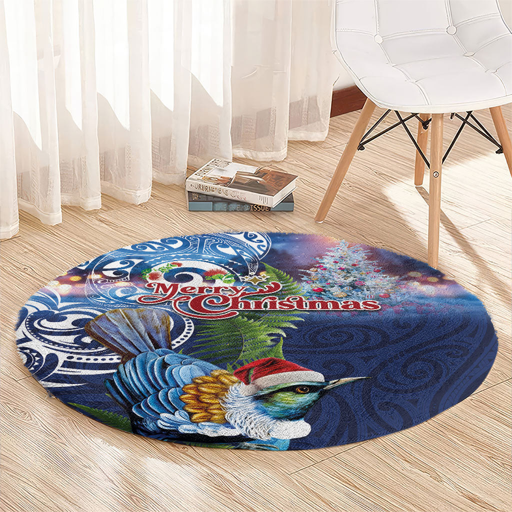 New Zealand Merry Christmas Round Carpet Maori Tribal Pattern with Xmas Tui Bird