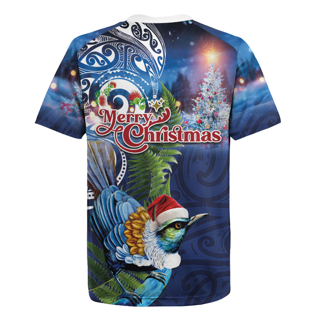 New Zealand Merry Christmas Rugby Jersey Maori Tribal Pattern with Xmas Tui Bird