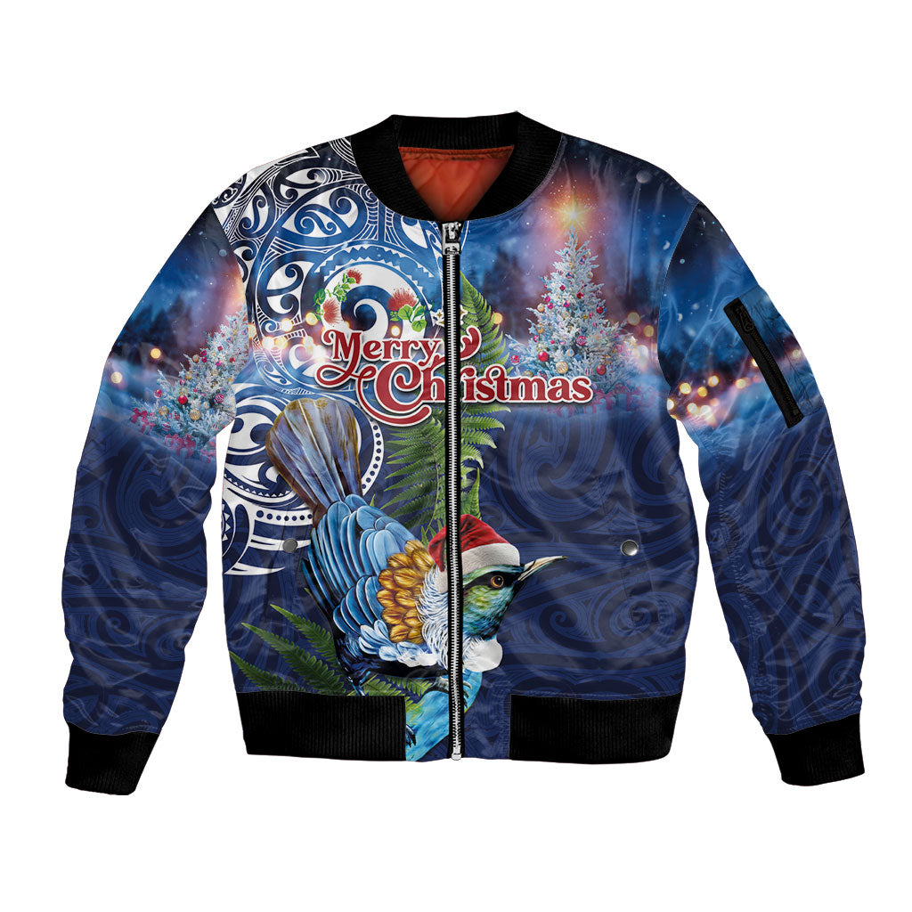 New Zealand Merry Christmas Sleeve Zip Bomber Jacket Maori Tribal Pattern with Xmas Tui Bird