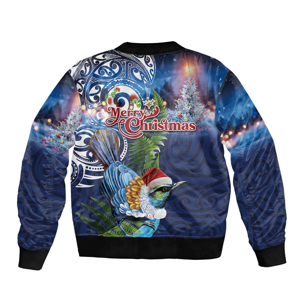 New Zealand Merry Christmas Sleeve Zip Bomber Jacket Maori Tribal Pattern with Xmas Tui Bird