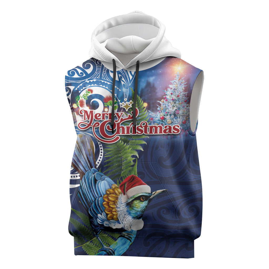 New Zealand Merry Christmas Sleeveless Hoodie Maori Tribal Pattern with Xmas Tui Bird