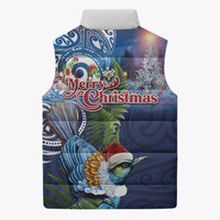 New Zealand Merry Christmas Sleeveless Puffer Jacket Maori Tribal Pattern with Xmas Tui Bird