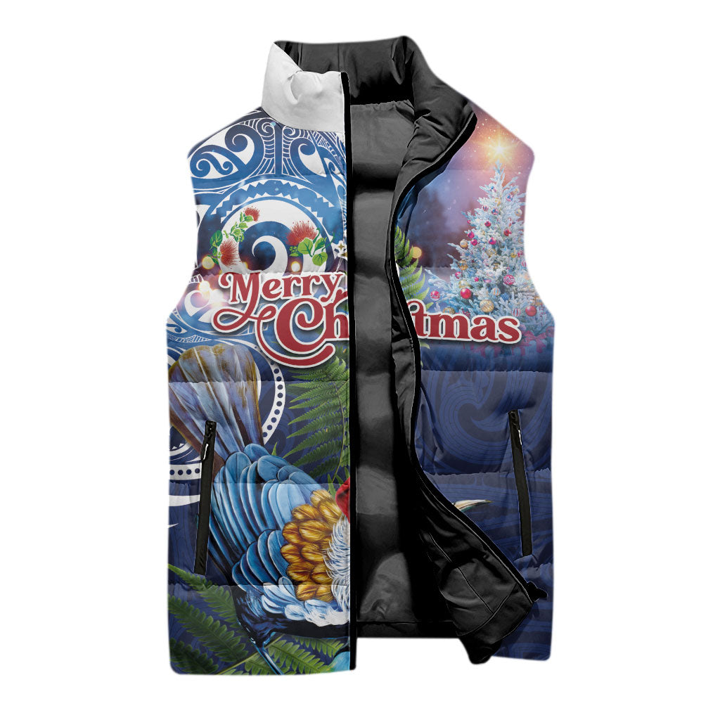 New Zealand Merry Christmas Sleeveless Puffer Jacket Maori Tribal Pattern with Xmas Tui Bird