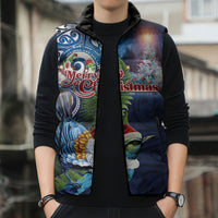 New Zealand Merry Christmas Sleeveless Puffer Jacket Maori Tribal Pattern with Xmas Tui Bird