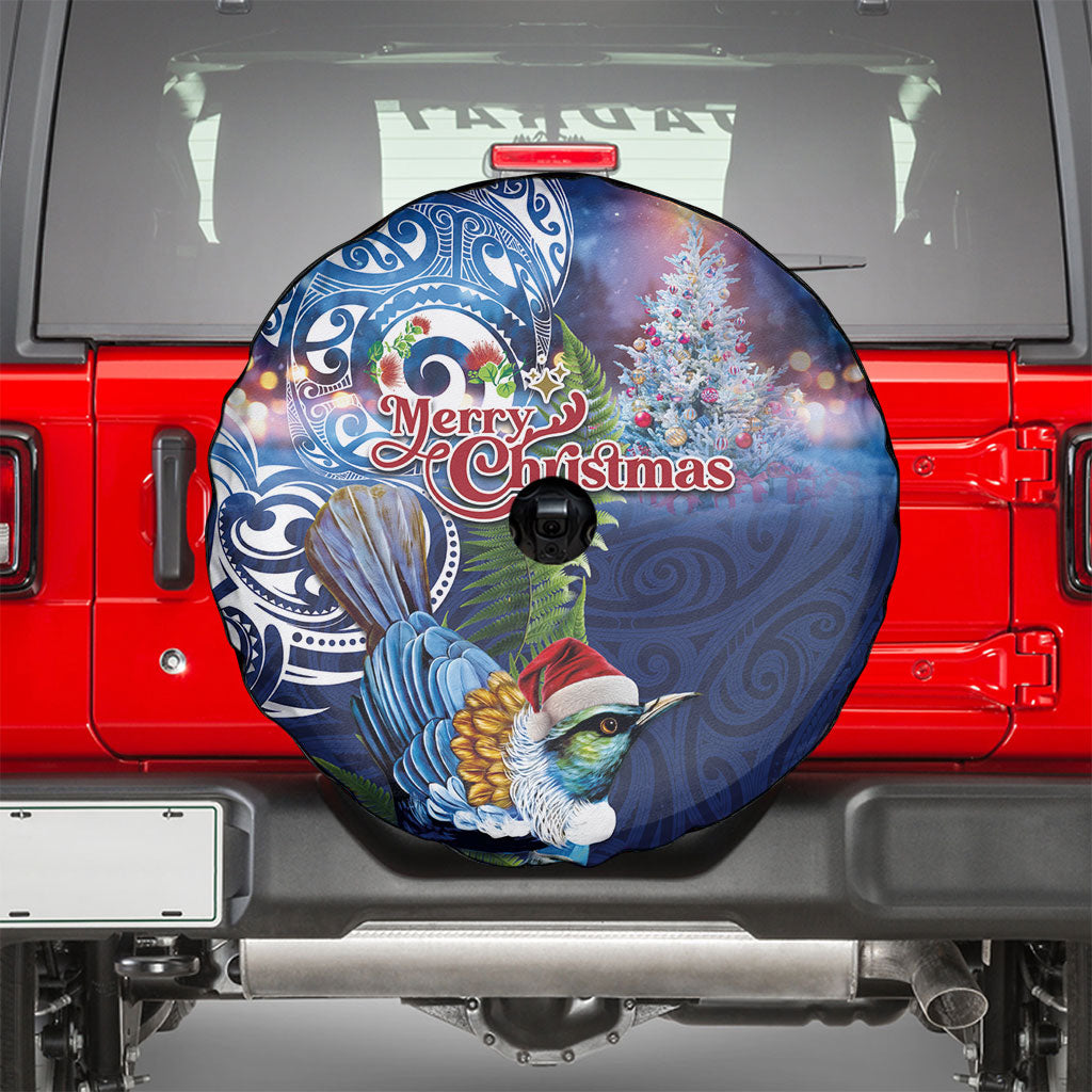 New Zealand Merry Christmas Spare Tire Cover Maori Tribal Pattern with Xmas Tui Bird