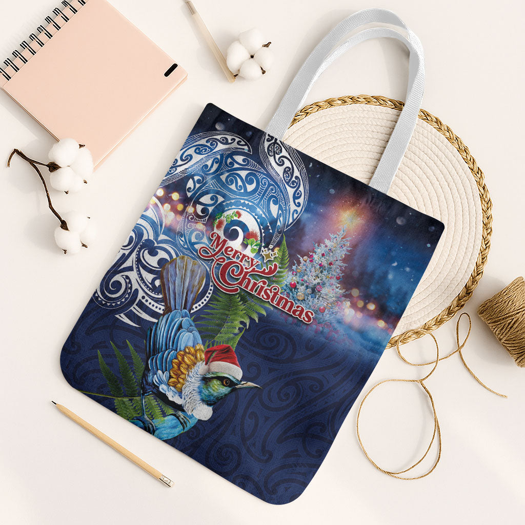 New Zealand Merry Christmas Tote Bag Maori Tribal Pattern with Xmas Tui Bird