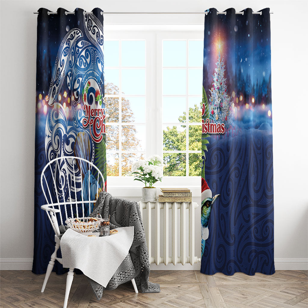 New Zealand Merry Christmas Window Curtain Maori Tribal Pattern with Xmas Tui Bird