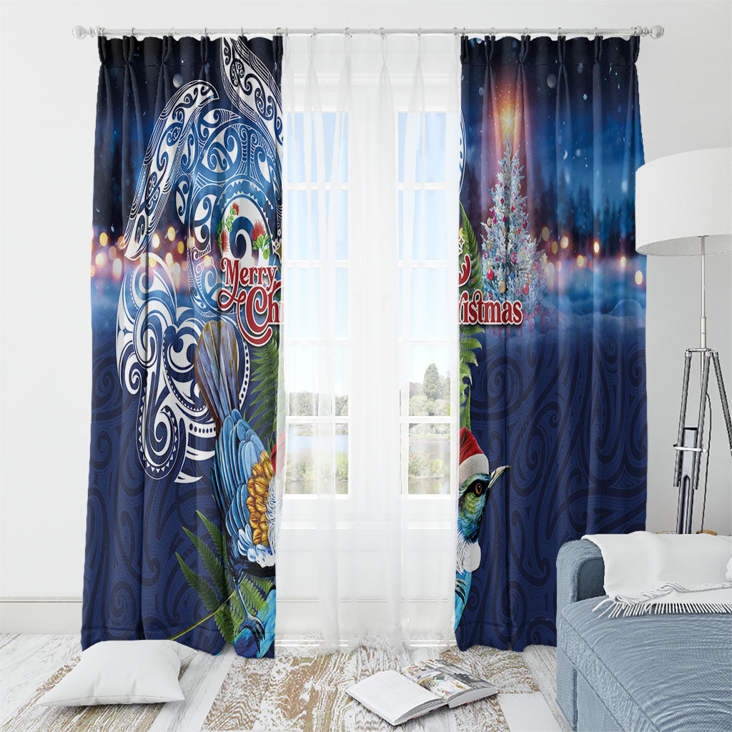 New Zealand Merry Christmas Window Curtain Maori Tribal Pattern with Xmas Tui Bird