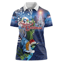 New Zealand Merry Christmas Women Polo Shirt Maori Tribal Pattern with Xmas Tui Bird LT03 Female Multicolor - Polynesian Pride