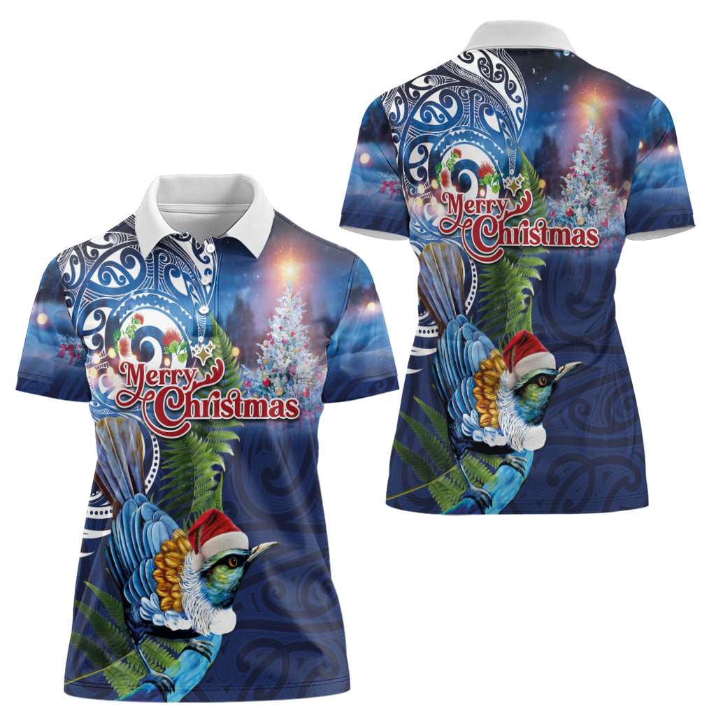 New Zealand Merry Christmas Women Polo Shirt Maori Tribal Pattern with Xmas Tui Bird LT03 - Polynesian Pride