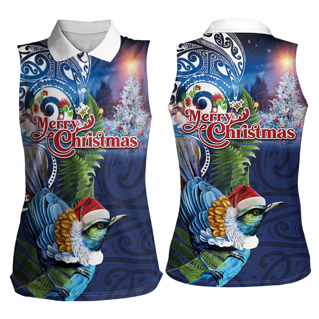 New Zealand Merry Christmas Women Sleeveless Polo Shirt Maori Tribal Pattern with Xmas Tui Bird LT03 - Polynesian Pride