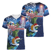 New Zealand Merry Christmas Women V-Neck T-Shirt Maori Tribal Pattern with Xmas Tui Bird LT03 - Polynesian Pride