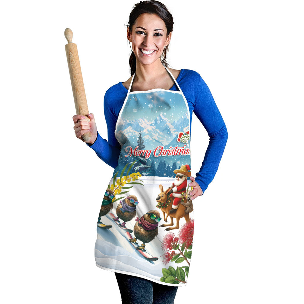 New Zealand and Australia Merry Christmas Apron Kiwi Birds Skiing and Koala Santa Riding Kangaroo LT03 - Polynesian Pride