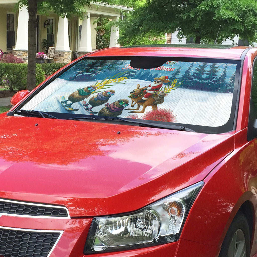 New Zealand and Australia Merry Christmas Auto Sun Shade Kiwi Birds Skiing and Koala Santa Riding Kangaroo