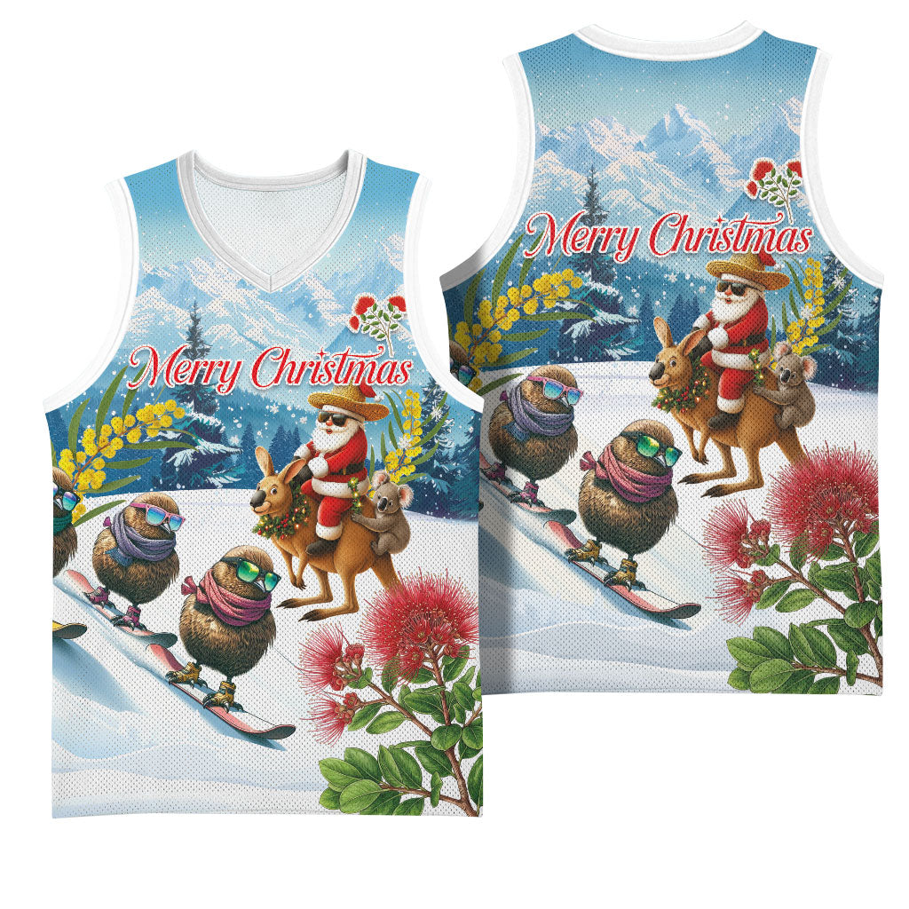 New Zealand and Australia Merry Christmas Basketball Jersey Kiwi Birds Skiing and Koala Santa Riding Kangaroo LT03 - Polynesian Pride