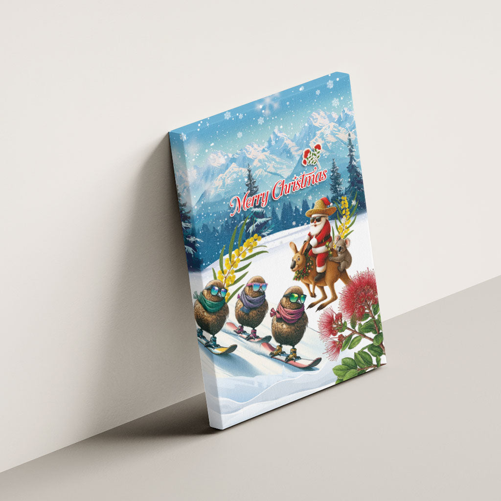 New Zealand and Australia Merry Christmas Canvas Wall Art Kiwi Birds Skiing and Koala Santa Riding Kangaroo