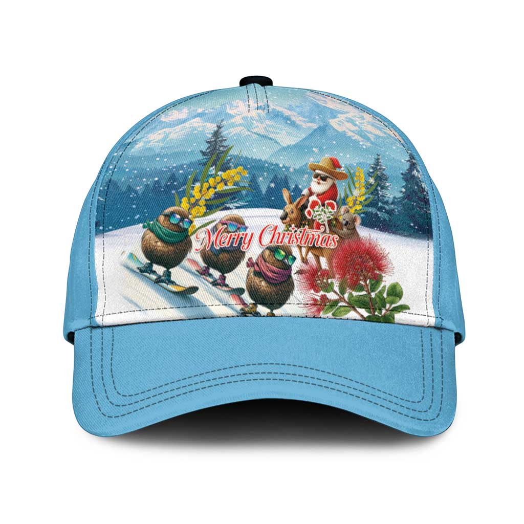 New Zealand and Australia Merry Christmas Classic Cap Kiwi Birds Skiing and Santa Riding Kangaroo with Koala LT03 Universal Fit Multicolor - Polynesian Pride