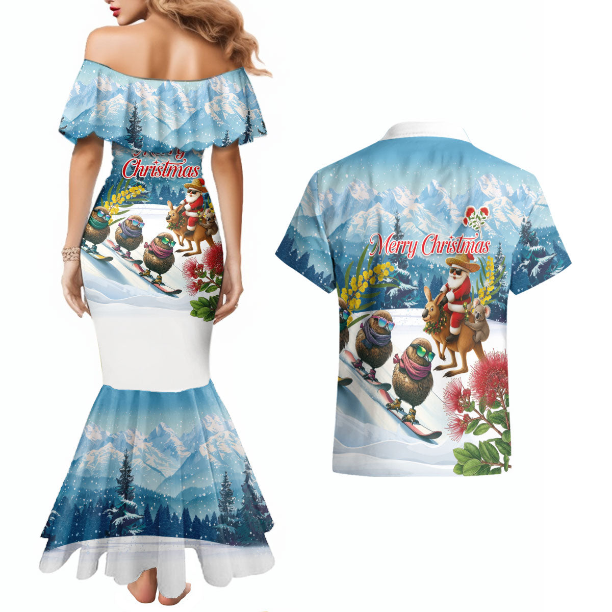 New Zealand and Australia Merry Christmas Couples Matching Mermaid Dress and Hawaiian Shirt Kiwi Birds Skiing and Koala Santa Riding Kangaroo LT03 - Polynesian Pride