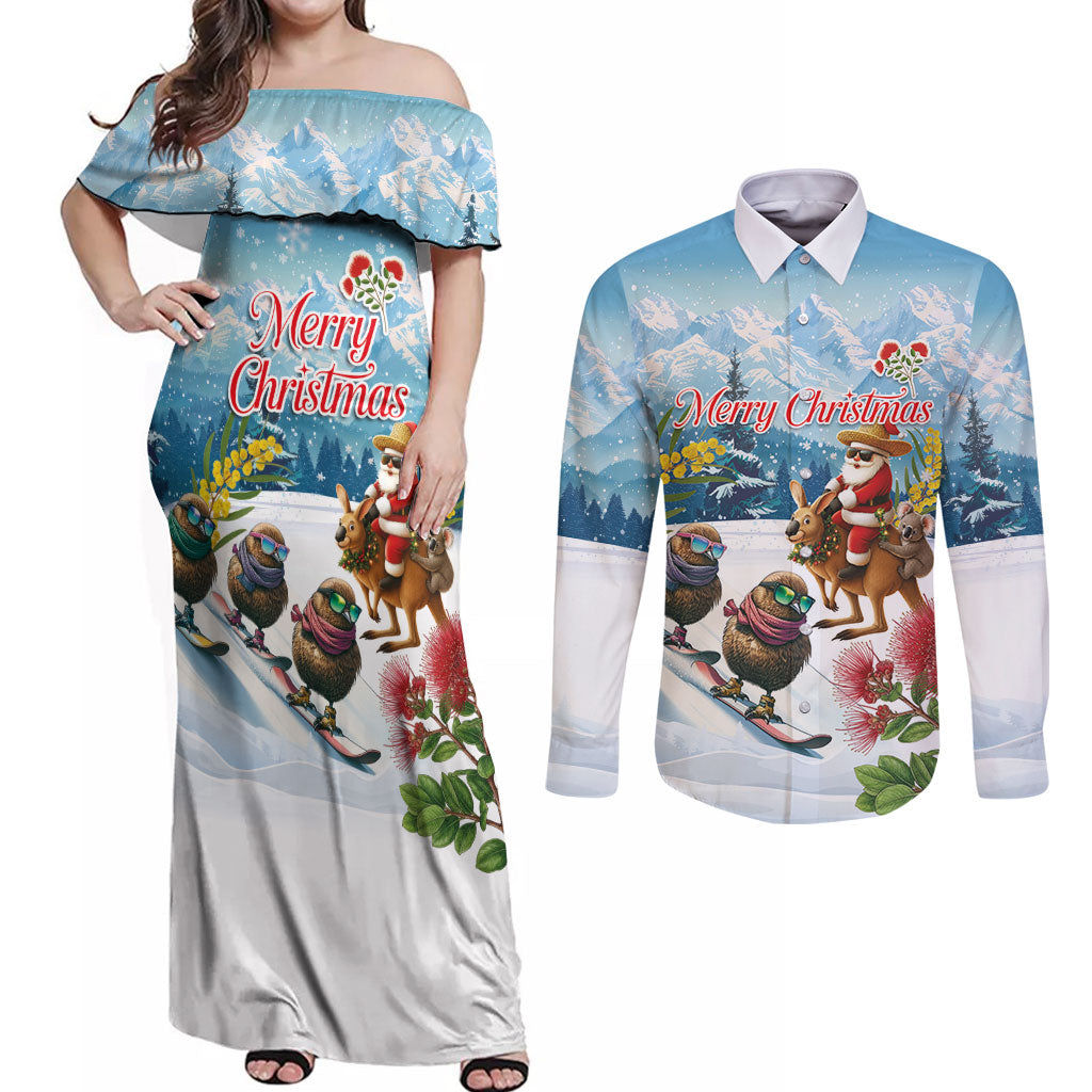 New Zealand and Australia Merry Christmas Couples Matching Off Shoulder Maxi Dress and Long Sleeve Button Shirt Kiwi Birds Skiing and Koala Santa Riding Kangaroo LT03 Multicolor - Polynesian Pride