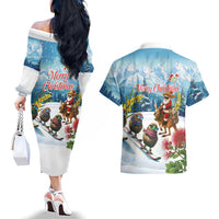 New Zealand and Australia Merry Christmas Couples Matching Off The Shoulder Long Sleeve Dress and Hawaiian Shirt Kiwi Birds Skiing and Koala Santa Riding Kangaroo LT03 - Polynesian Pride