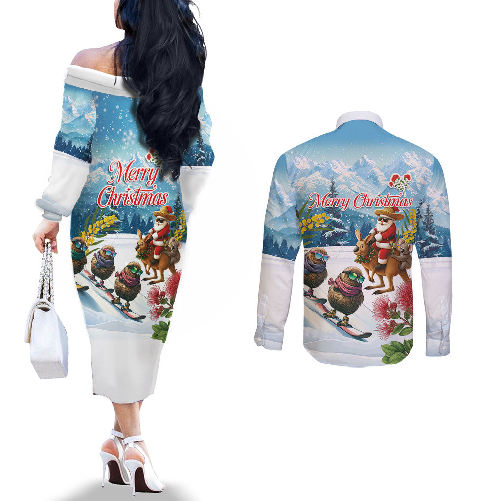 New Zealand and Australia Merry Christmas Couples Matching Off The Shoulder Long Sleeve Dress and Long Sleeve Button Shirt Kiwi Birds Skiing and Koala Santa Riding Kangaroo LT03 - Polynesian Pride