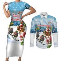 New Zealand and Australia Merry Christmas Couples Matching Short Sleeve Bodycon Dress and Long Sleeve Button Shirt Kiwi Birds Skiing and Koala Santa Riding Kangaroo LT03 Multicolor - Polynesian Pride