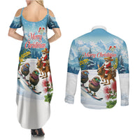 New Zealand and Australia Merry Christmas Couples Matching Summer Maxi Dress and Long Sleeve Button Shirt Kiwi Birds Skiing and Koala Santa Riding Kangaroo LT03 - Polynesian Pride