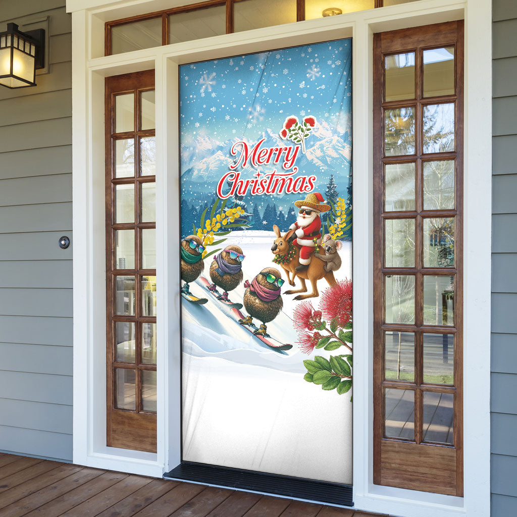 New Zealand and Australia Merry Christmas Door Cover Kiwi Birds Skiing and Koala Santa Riding Kangaroo LT03 - Polynesian Pride