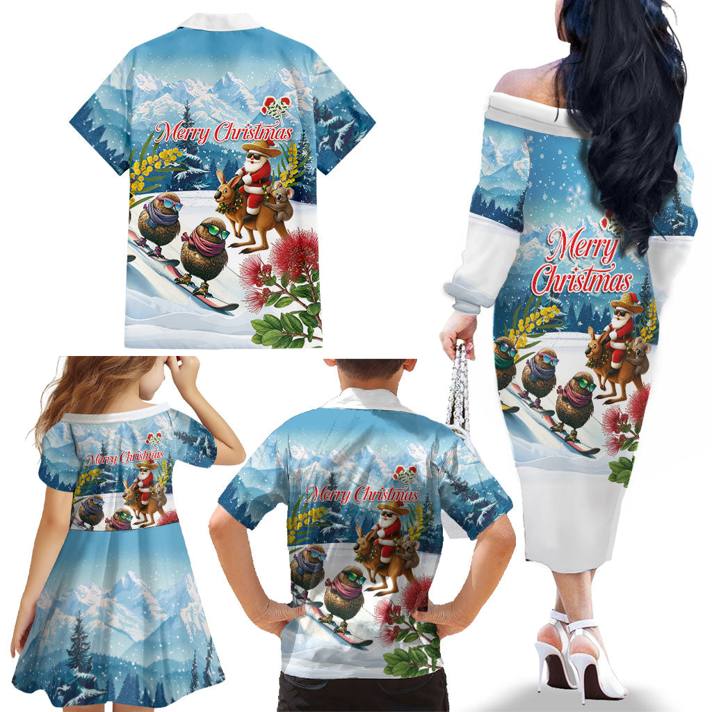 New Zealand and Australia Merry Christmas Family Matching Off The Shoulder Long Sleeve Dress and Hawaiian Shirt Kiwi Birds Skiing and Koala Santa Riding Kangaroo LT03 - Polynesian Pride