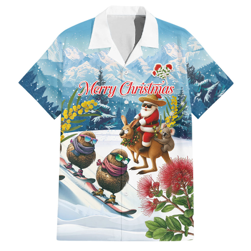 New Zealand and Australia Merry Christmas Family Matching Off The Shoulder Long Sleeve Dress and Hawaiian Shirt Kiwi Birds Skiing and Koala Santa Riding Kangaroo LT03 Dad's Shirt - Short Sleeve Multicolor - Polynesian Pride