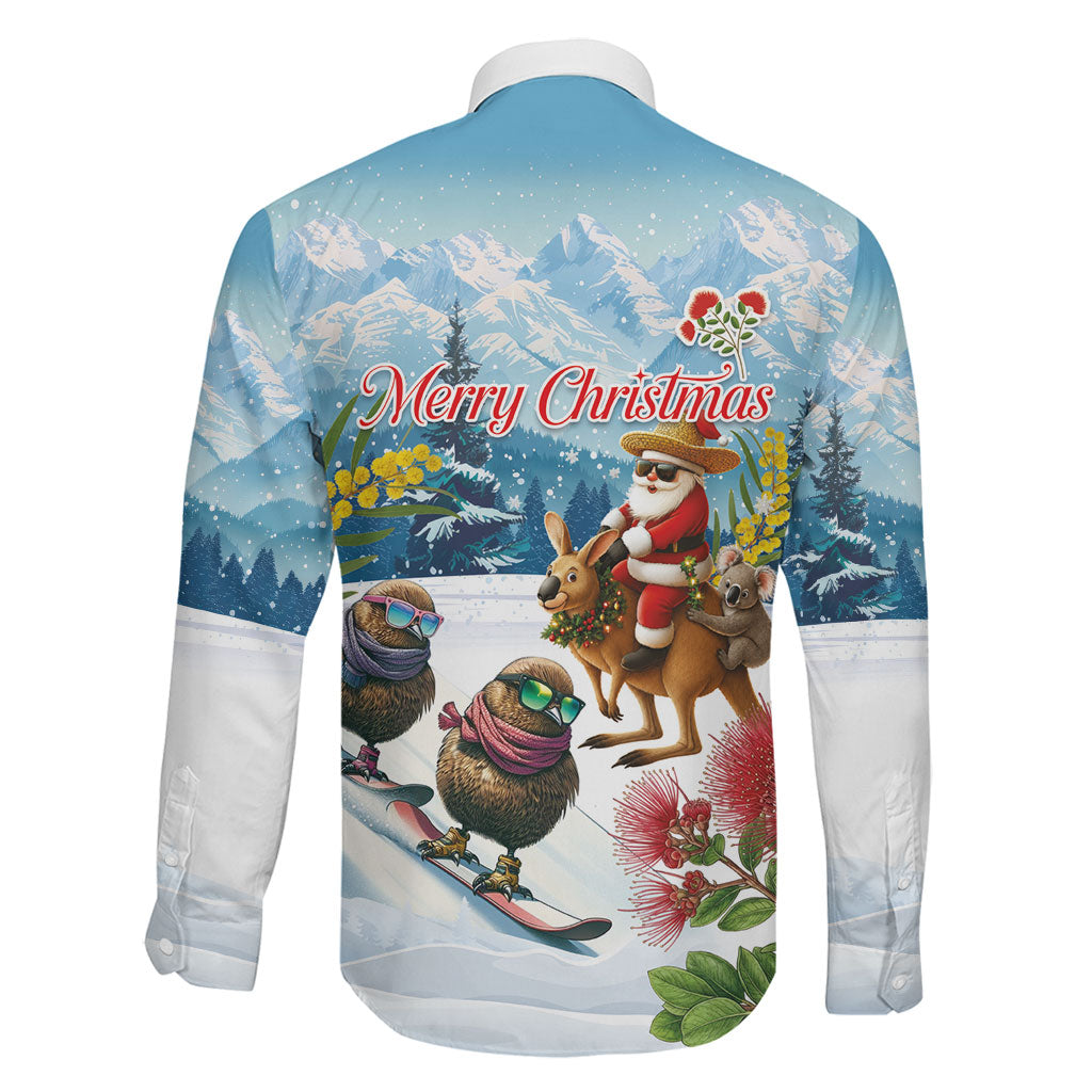 New Zealand and Australia Merry Christmas Family Matching Off Shoulder Maxi Dress and Hawaiian Shirt Kiwi Birds Skiing and Koala Santa Riding Kangaroo LT03 - Polynesian Pride